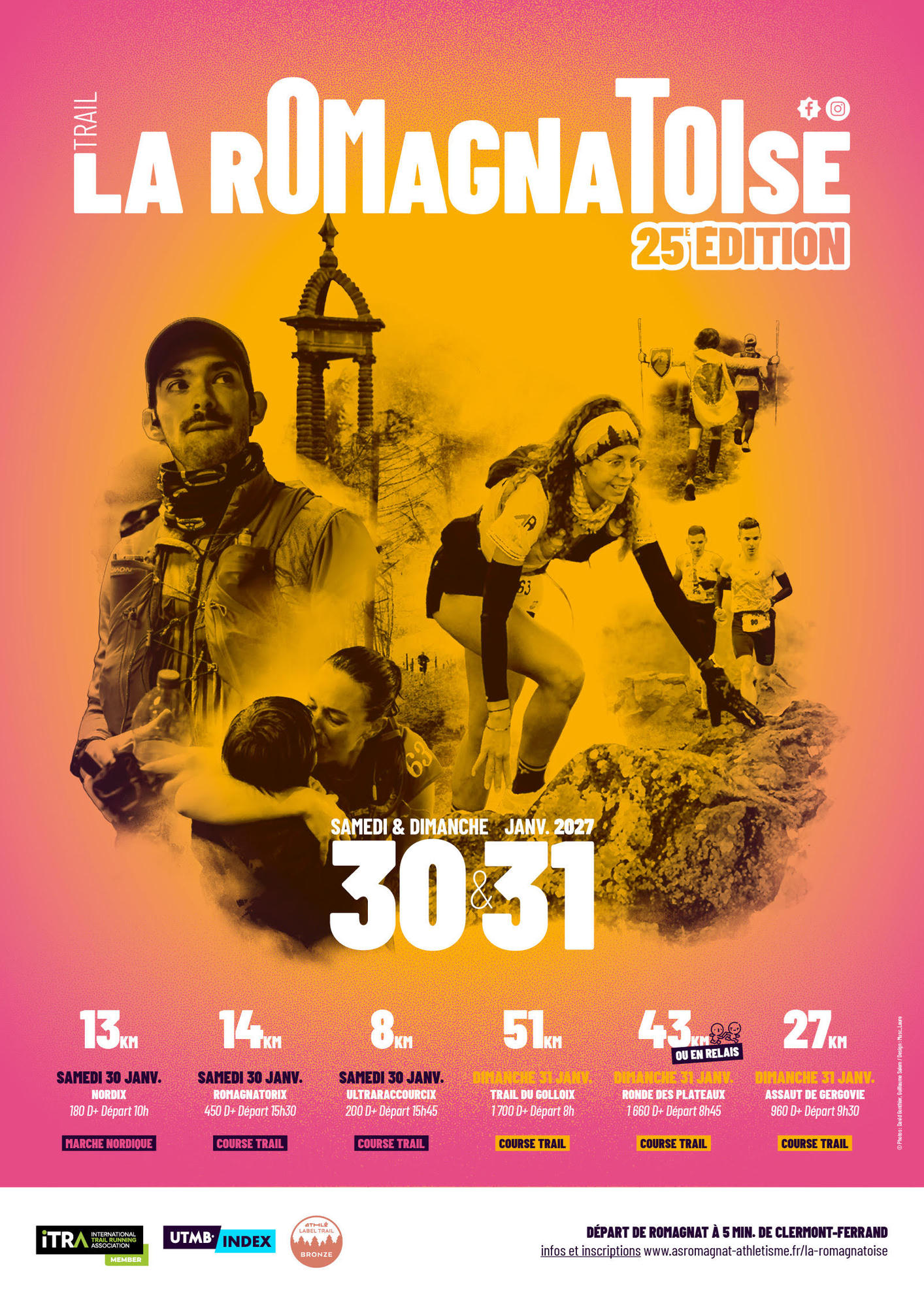 Affiche officielle de La Romagnatoise, 25ᵉ édition, les 30 et 31 janvier 2027 : 6 parcours de 8 à 51 km et marche nordique